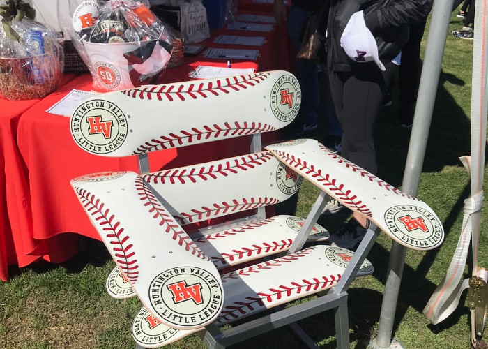Skateboard chair built from blank decks donated for a Little League fundraiser
